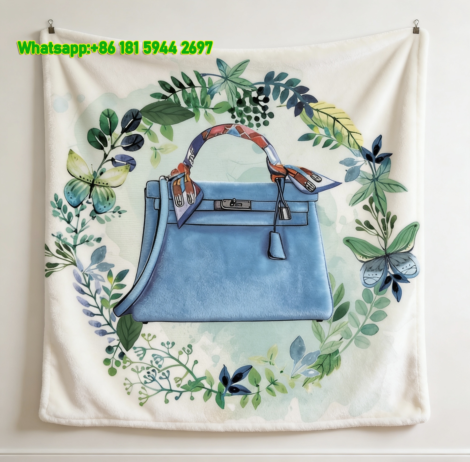 Hermes Blue Designer Bag Print Flannel Throw Blanket IMG_5503